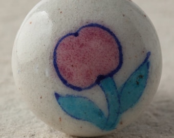 Elegant Turquoise and  White Ceramic Knob with Pink Flower & Leaves