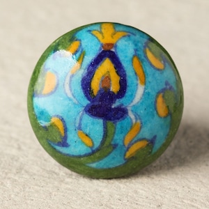 Könnte beinhalten: Runder, dekorativer Schrankknauf mit floralem Design. Der Knauf hat eine hellblaue Mitte mit einem dunkelblauen und gelben Blumenmuster, umgeben von einem grünen Rand. Der Knauf ist wahrscheinlich aus Keramik oder Porzellan.