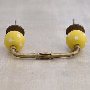 May include: A yellow ceramic cabinet knob with white polka dots and a brass handle.