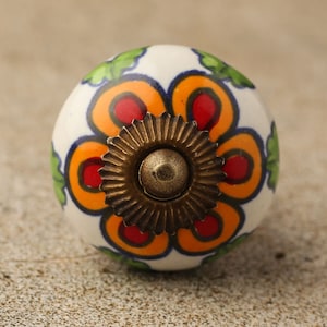 Orange and Red flower and Green leaf with white base Ceramic Cabinet Knobs | Furniture Door Ceramic Knobs | Ceramic Knob (Sold in Sets)