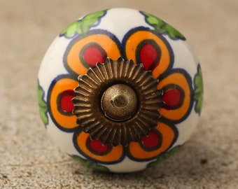 Orange and Red flower and Green leaf with white base Ceramic Cabinet Knobs | Furniture Door Ceramic Knobs | Ceramic Knob (Sold in Sets)