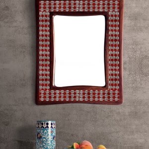 Handmade Red and White Design Blue Pottery Tile Mirror | Unique Home Decor | Decorative Wall Art for Bathroom & Living Room