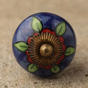 Red flower and Green leaf with Blue base cabinet dresser knob  (Sold in Sets)