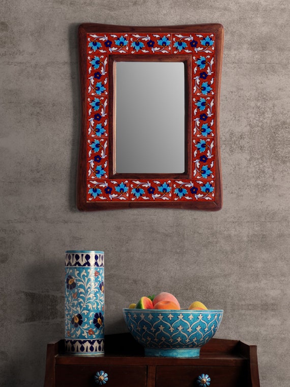 Handmade Ceramic Tile Mirror: Red and Blue Floral Wall Hanging - Etsy