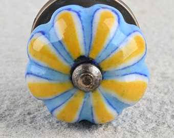 Ceramic Cabinet Knob Yellow Flower on Turquoise Base