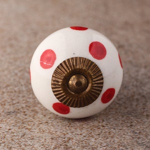 Red Polka Dots with White Base Ceramic Cabinet Knobs | Furniture Door Ceramic Knobs | Ceramic Knob (Sold in Sets)