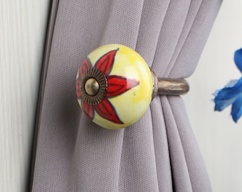 Red Flower Ceramic Curtain Tie Back Hook: Rustic Towel Hook