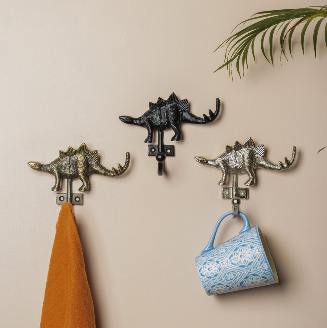 Nursery Wall Hangers Dino Theme, Wooden Wall Hooks for Boys Room