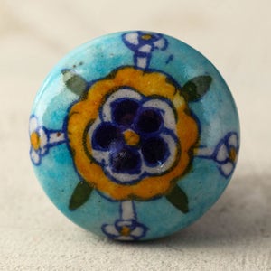 Turquoise Knob with White, Yellow, Blue and Green Flowers Ceramic Cabinet Knob (Sold in Sets)