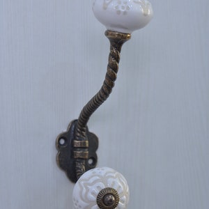 White Handmade Ceramic Wall Hook | Vintage Metal Decorative Hanger | Furniture & Bath Hardware Hook | Rustic Home Decor
