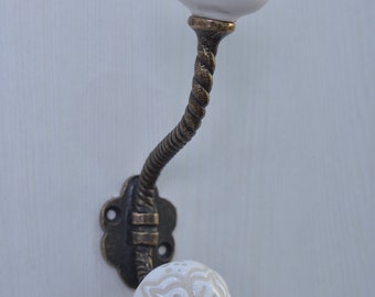 Handmade White Ceramic Wall Hook: Vintage Metal Hanger