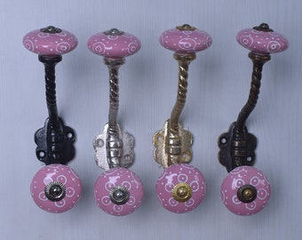Pink Flower Ceramic Wall Hook: Vintage Metal Hanger