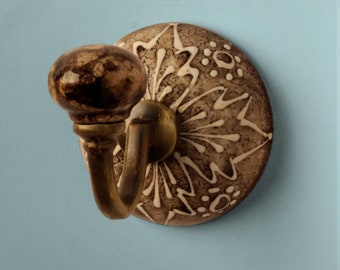 Decorative Brown Shade Embossed Ceramic Round Coat Hook (Sold In Sets)