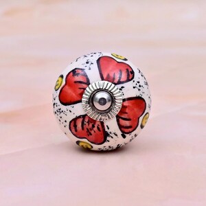 Handmade White Ceramic Knob with Red Floral Design