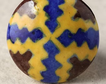 Hand-Painted Ceramic Cabinet Knob, Blue Yellow Brown Decor, Rustic Dresser Pull