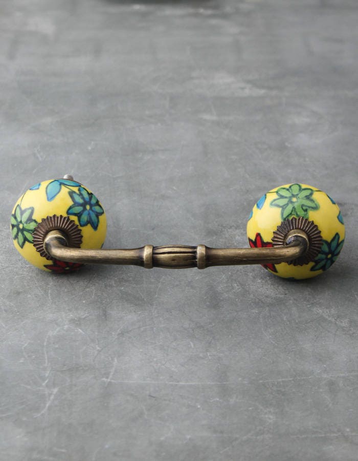 Poignée D'armoire Faite Main En Céramique Jaune Verte | Bouton De Commode Design Floral Pour Cuisine