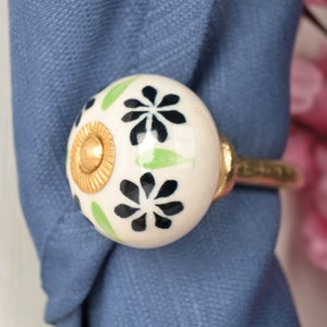 Handmade Ceramic Curtain Tie Back: Black & Lime Floral Towel Hook Brass(3")