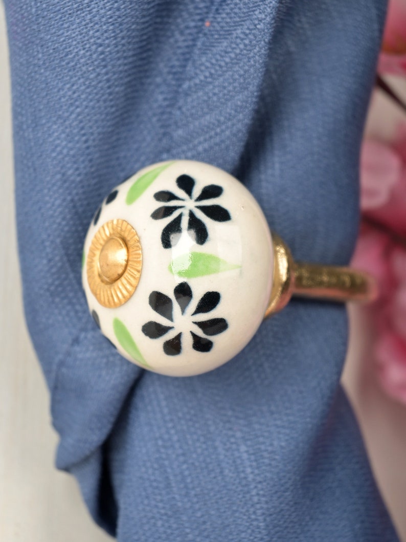 Handmade Ceramic Curtain Tie Back: Black & Lime Floral Towel Hook Brass(3")
