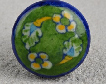 Hand Painted Green Ceramic Cabinet Knob – Antique Floral Drawer Pull, Vintage Style Furniture