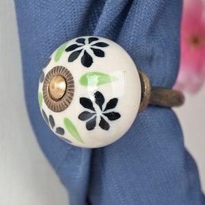 Handmade Ceramic Curtain Tie Back: Black & Lime Floral Towel Hook Brass Antique(3")