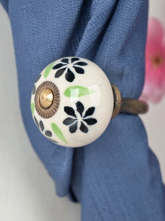 Handmade Ceramic Curtain Tie Back: Black & Lime Floral Towel Hook