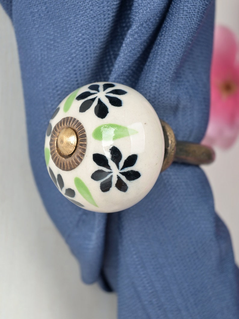 Handmade Ceramic Curtain Tie Back: Black & Lime Floral Towel Hook Brass Antique(3")