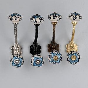 Handmade Ceramic Wall Hook Off White  Blue Embossed Design | Vintage Metal Furniture & Bath Hooks | Decorative Wall Hardware