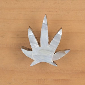 Może przedstawiać: Biała, perłowa klamka w kształcie liścia na jasnobrązowej powierzchni drewnianej.