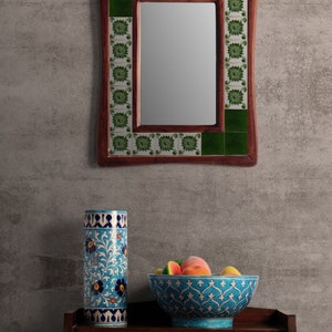 Green and White Tile Wall Hanging Mirror 14X18 inch