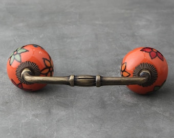 Orange Floral Cabinet Pull: Vintage Style Boho Furniture Hardware