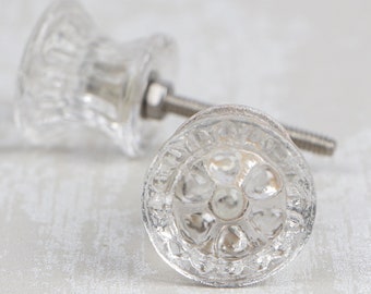 Clear Glass Flower Embossed Knob (Medium) (Sold in Sets)