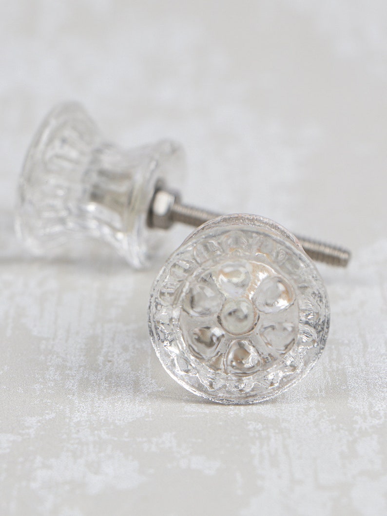 Clear Glass Flower Embossed Knob Medium Sold in Sets image 1