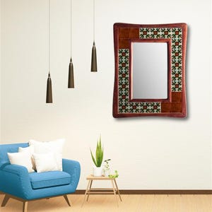 Brown and White Tile Wall Hanging Mirror - Custom Size Handmade Decorative Mirrors for New Home & Christmas Gifts