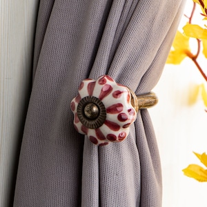 Maroon and White Design Hand painted Decorative Ceramic Flower Curtain Tie Back Hook Rustic Bathroom Towel Hook Antique Hook (Sold in Sets)