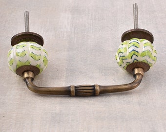 Green Design on White Base Kitchen Ceramic Cabinet Drawer Pull (Sold in Sets)