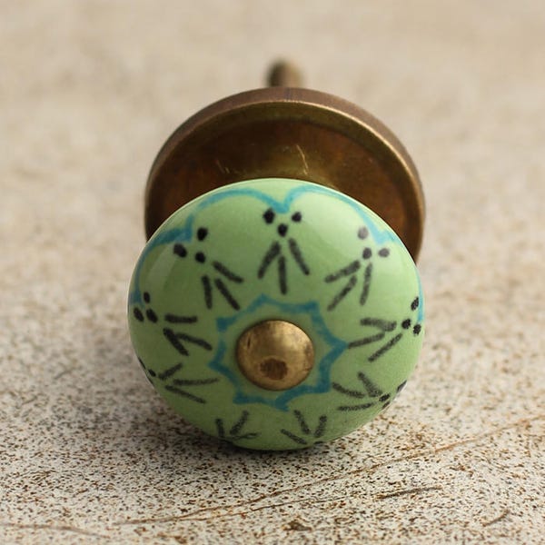 Lime Green and Turquoise Design on a Lime Green Cabinet Knob (Sold in Sets)