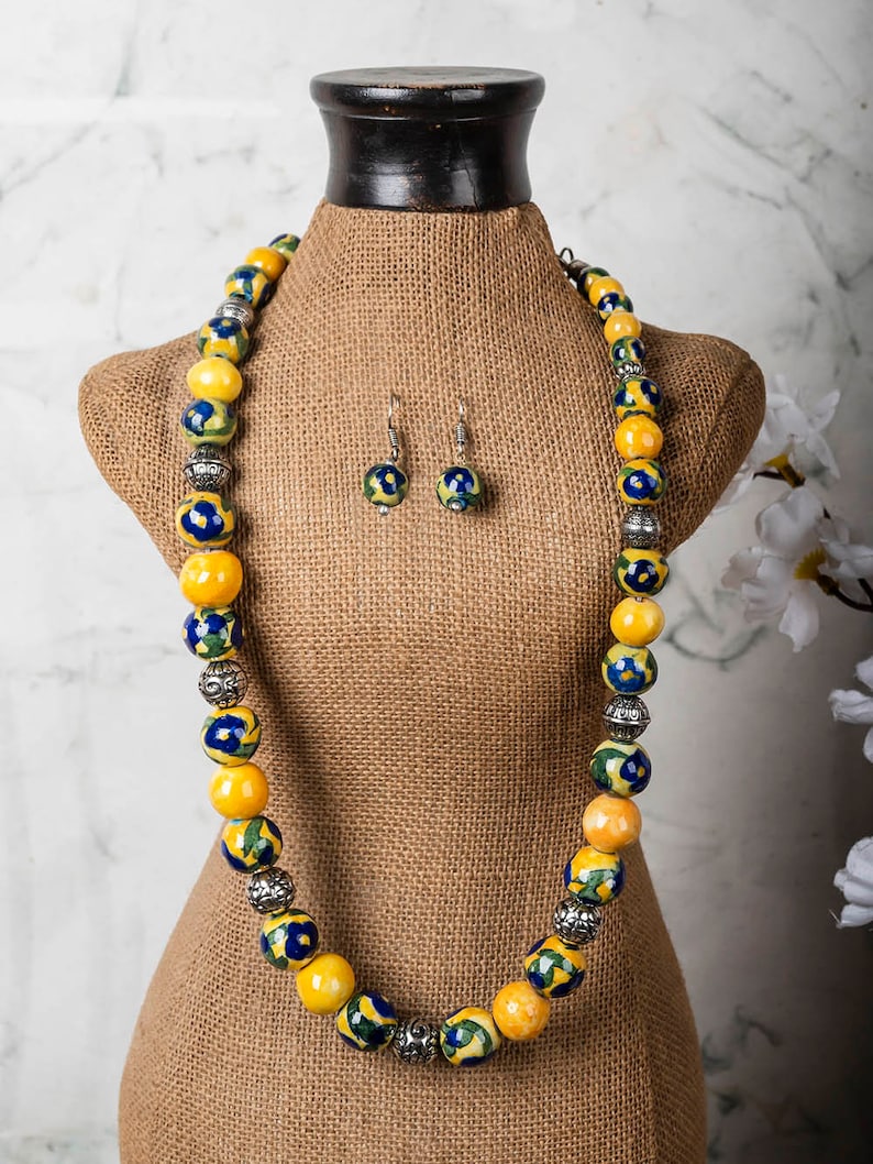 Handmade Full Blue Pottery Bead Long Necklace Etsy Australia