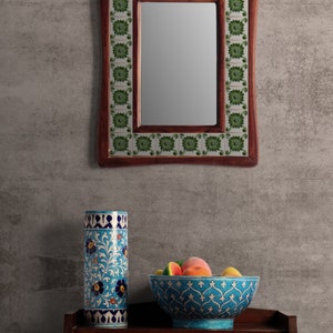 Green and White Floral Tile Wall Hanging Mirror 14X18 inch