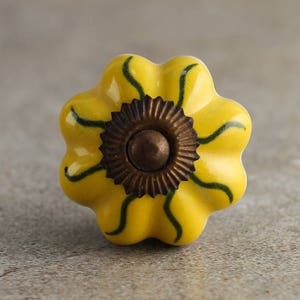Yellow Handmade floral Ceramic Cabinet Knobs | Furniture Door Ceramic Knobs | Ceramic Knob (Sold in Sets)