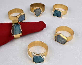 Set of 6 Pcs Agate Napkin Rings, Gold Agate Slice Napkin Ring, House Warming Gift, Wedding Decor, Formal Dining, Dinner Party Decor