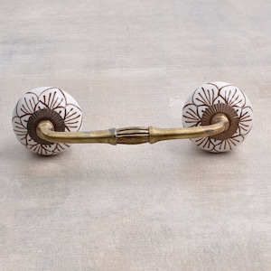 Dark Brown Floral Design on White Base Kitchen Ceramic Cabinet Pull (Sold in Sets)