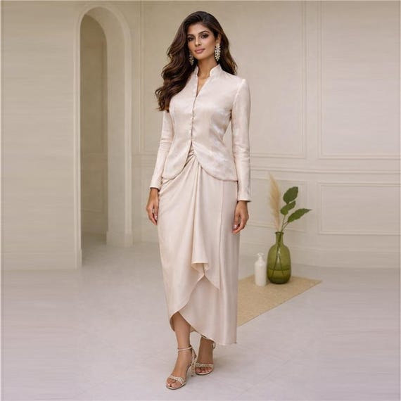 beige dress with jacket Shimmery Two-piece Set | Satin Skirt & Top | Wedding Guest | Formal Occasion Wear Size:F.4XL