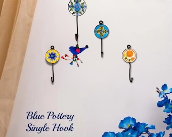 Handmade Blue Pottery Coat Hook: Round Floral Wall Decor
