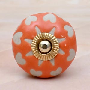 Handmade Orange and White Floral Embossed Ceramic Cabinet Knob, Decorative Drawer Pull for Dresser & Furniture