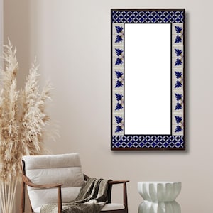 Unique Blue and White Ceramic Tile Mirror - Handmade Decorative Wall Art & Home Decor Accent, Perfect for Any Room