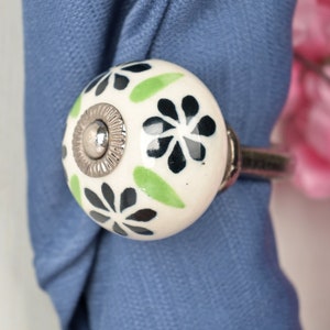 Handmade Ceramic Curtain Tie Back: Black & Lime Floral Towel Hook Silver Antique(3")