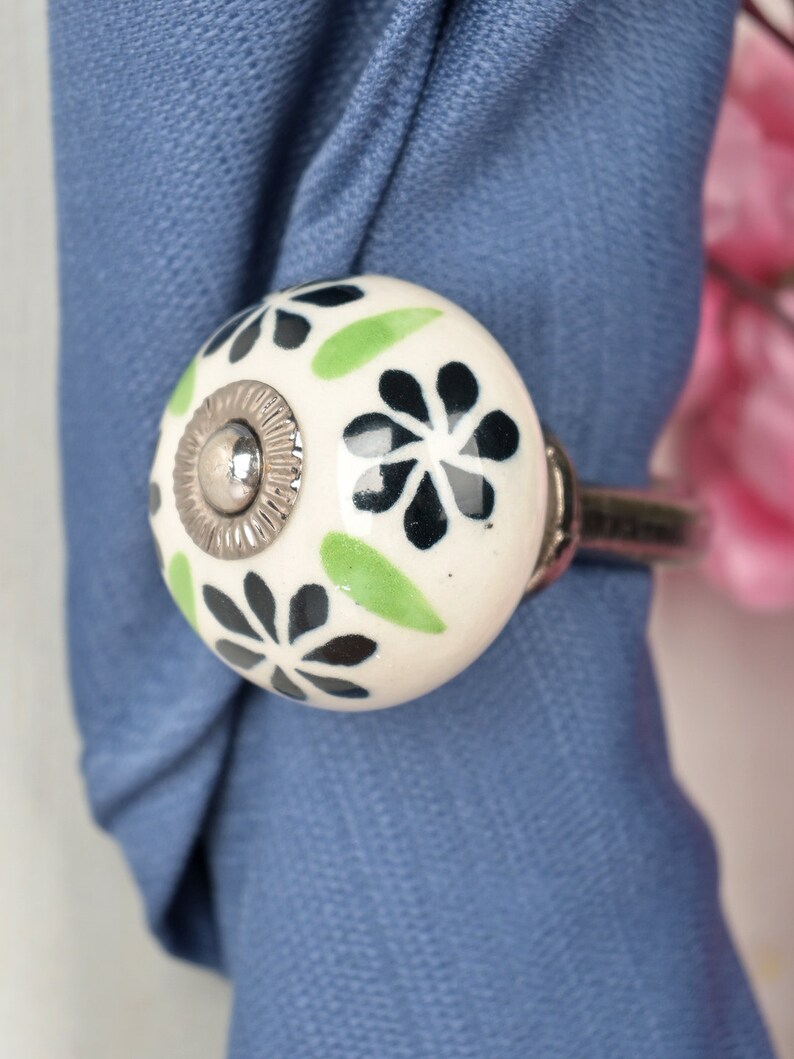 Handmade Ceramic Curtain Tie Back: Black & Lime Floral Towel Hook Silver Antique(3")