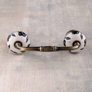 White Base Ceramic Dresser Pull With Black Floral Print - Decorative Furniture Hardware, Sold in Sets, Elegant Drawer Pulls