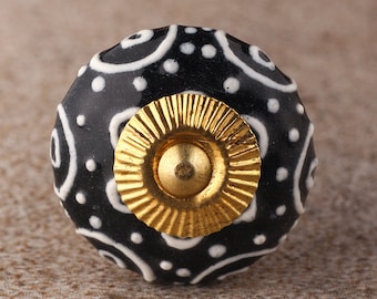 Embossed White Kitchen Drawer Knob: Modern Black Base, Elegant Cabinet Hardware