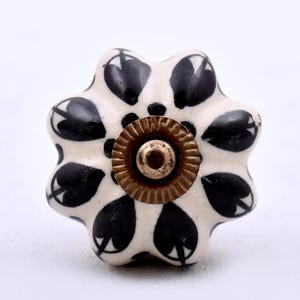Handmade Ivory & Black Floral Design Ceramic Cabinet Knob